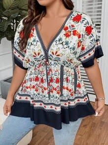 Breezaya 大碼印花蝙蝠袖前打結荷葉邊下擺襯衫 - 彩色 - 查看 3