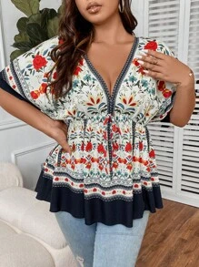 Breezaya 大碼印花蝙蝠袖前打結荷葉邊下擺襯衫 - 彩色 - 查看 4