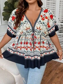 Breezaya 大碼印花蝙蝠袖前打結荷葉邊下擺襯衫 - 彩色 - 查看 6