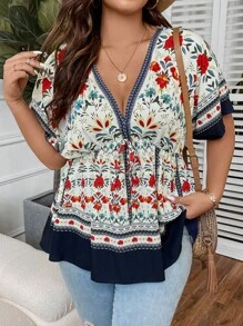 Breezaya 大碼印花蝙蝠袖前打結荷葉邊下擺襯衫 - 彩色 - 查看 7