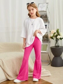 SHEIN 青少女花卉印花下垂肩tee與喇叭褲 - 彩色 - 查看 2