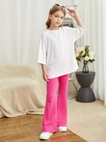 SHEIN 青少女花卉印花下垂肩tee與喇叭褲 - 彩色 - 查看 3