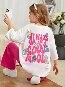 SHEIN 青少女花卉印花下垂肩tee與喇叭褲 - 彩色 - 查看 4