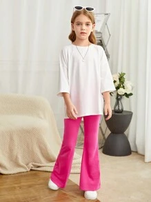 SHEIN 青少女花卉印花下垂肩tee與喇叭褲 - 彩色 - 查看 5