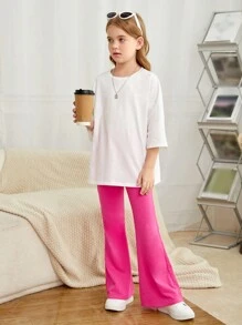 SHEIN 青少女花卉印花下垂肩tee與喇叭褲 - 彩色 - 查看 6