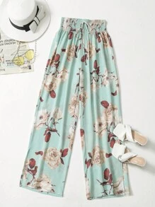 SHEIN LUNE Quần Plus Size Thắt nút Dải chun Hoa Boho - Màu xanh Cadet - Xem 5