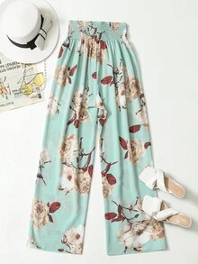 SHEIN LUNE Quần Plus Size Thắt nút Dải chun Hoa Boho - Màu xanh Cadet - Xem 2