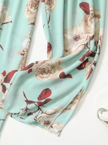 SHEIN LUNE Quần Plus Size Thắt nút Dải chun Hoa Boho - Màu xanh Cadet - Xem 3