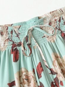 SHEIN LUNE Quần Plus Size Thắt nút Dải chun Hoa Boho - Màu xanh Cadet - Xem 4