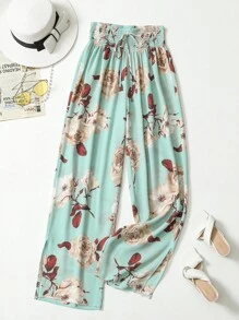 SHEIN LUNE Quần Plus Size Thắt nút Dải chun Hoa Boho - Màu xanh Cadet - Xem 1