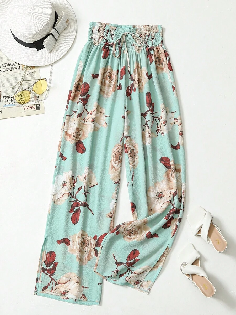 SHEIN LUNE Quần Plus Size Thắt nút Dải chun Hoa Boho - Màu xanh Cadet - Xem 1