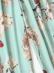 SHEIN LUNE Quần Plus Size Thắt nút Dải chun Hoa Boho - Màu xanh Cadet - Xem 6