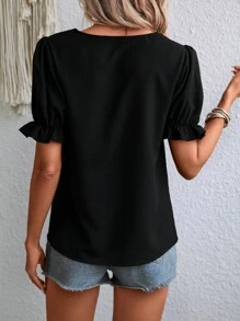 SHEIN LUNE 幾何刺繡泡泡袖襯衫 - 黑色 - 查看 5