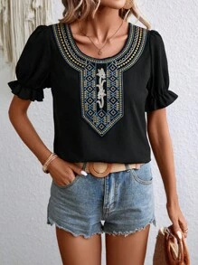 SHEIN LUNE 幾何刺繡泡泡袖襯衫 - 黑色 - 查看 6