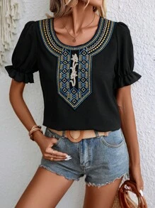 SHEIN LUNE 幾何刺繡泡泡袖襯衫 - 黑色 - 查看 2