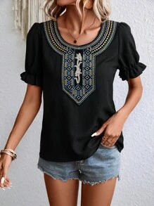 SHEIN LUNE 幾何刺繡泡泡袖襯衫 - 黑色 - 查看 1