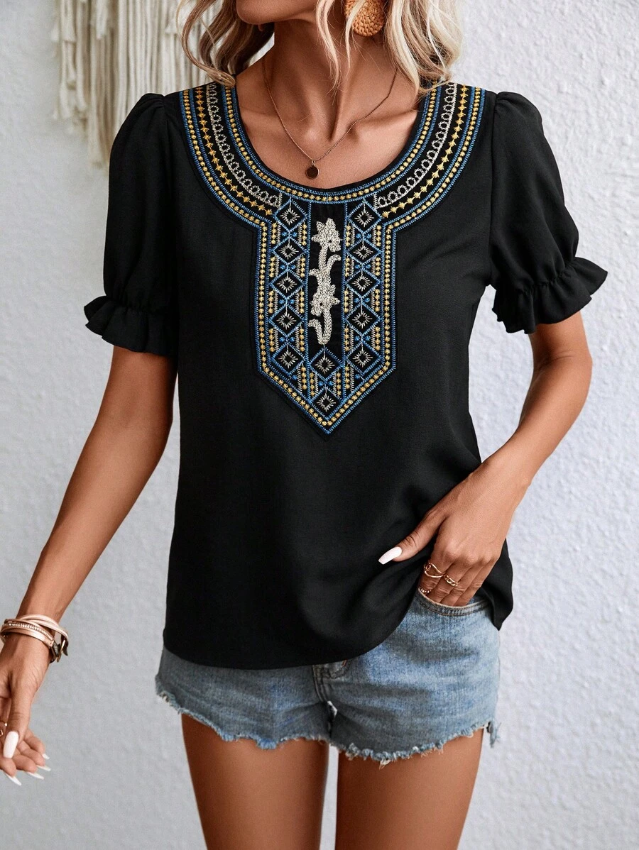 SHEIN LUNE 幾何刺繡泡泡袖襯衫 - 黑色 - 查看 1