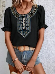 SHEIN LUNE 幾何刺繡泡泡袖襯衫 - 黑色 - 查看 3