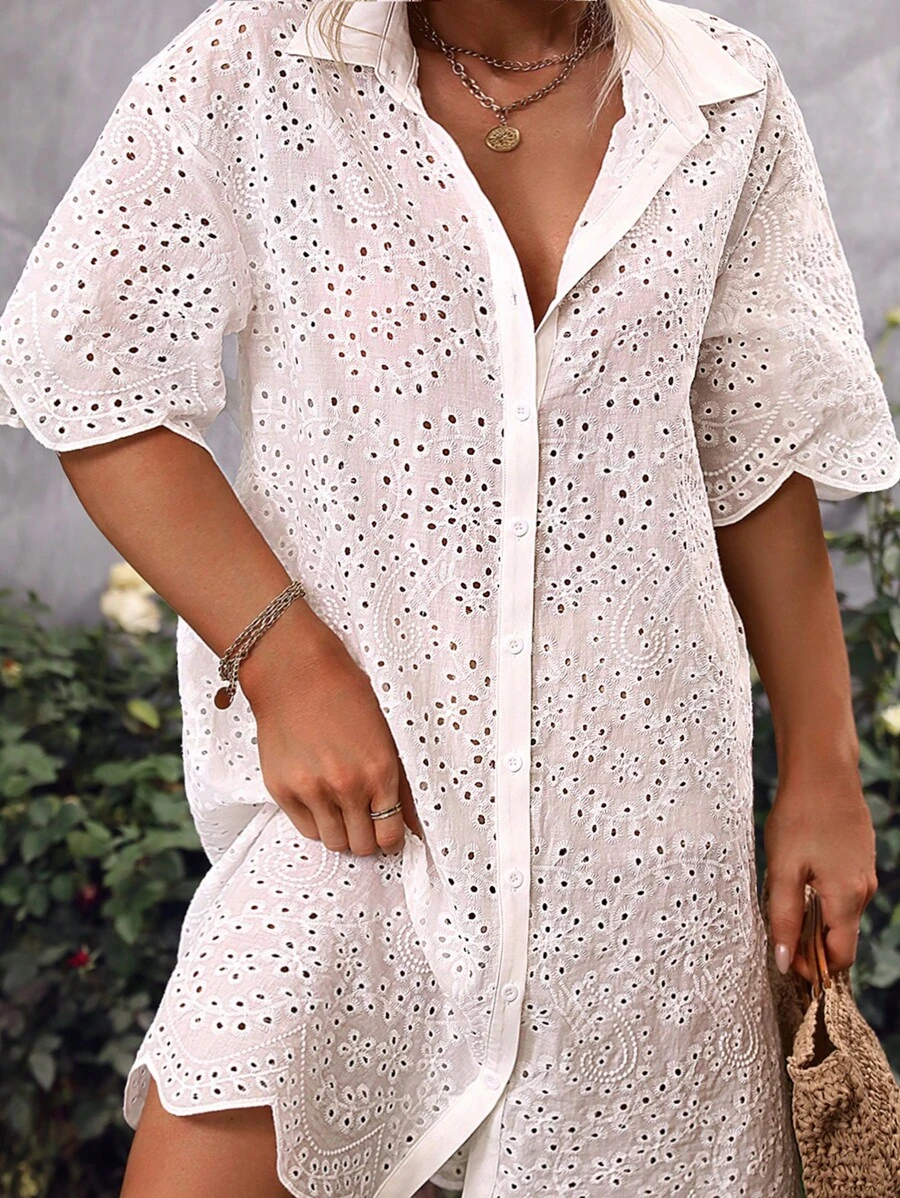 EMERY ROSE 大碼網眼刺繡前紐扣襯衫洋裝 - 白色 - 查看 1