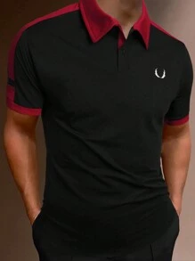 Manfinity Homme 男士鹿角圖案拼接側邊接縫POLO衫 - 黑色 - 查看 1