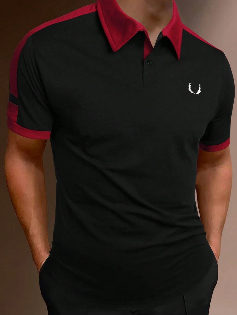 Manfinity Homme 男士鹿角圖案拼接側邊接縫POLO衫 - 黑色 - 查看 1