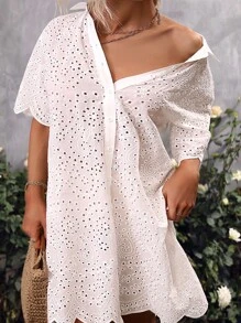 EMERY ROSE 大碼網眼刺繡前紐扣襯衫洋裝 - 白色 - 查看 3