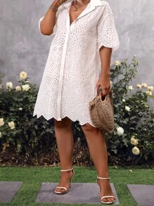 EMERY ROSE 大碼網眼刺繡前紐扣襯衫洋裝 - 白色 - 查看 4