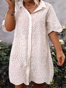 EMERY ROSE 大碼網眼刺繡前紐扣襯衫洋裝 - 白色 - 查看 5