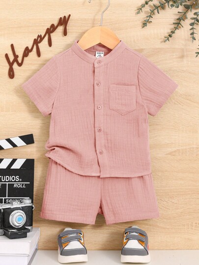 SHEIN Baby Boys Patch Pocket Shirt And Casual Shorts 2pcs Set, Suitable For Summer