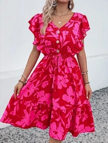 SHEIN LUNE Floral Print Butterfly Sleeve Ruffle Hem Dress - Hot Pink - View 4