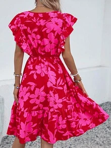 SHEIN LUNE Floral Print Butterfly Sleeve Ruffle Hem Dress - Hot Pink - View 5