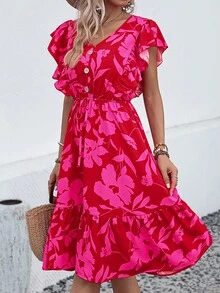 SHEIN LUNE Floral Print Butterfly Sleeve Ruffle Hem Dress - Hot Pink - View 3