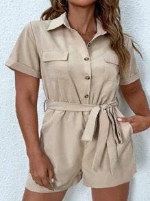 SHEIN LUNE Plus Flap Pocket Belted Shirt Romper - Apricot - View 1