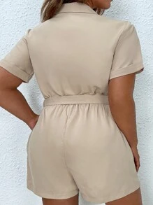 SHEIN LUNE Plus Flap Pocket Belted Shirt Romper - Apricot - View 2