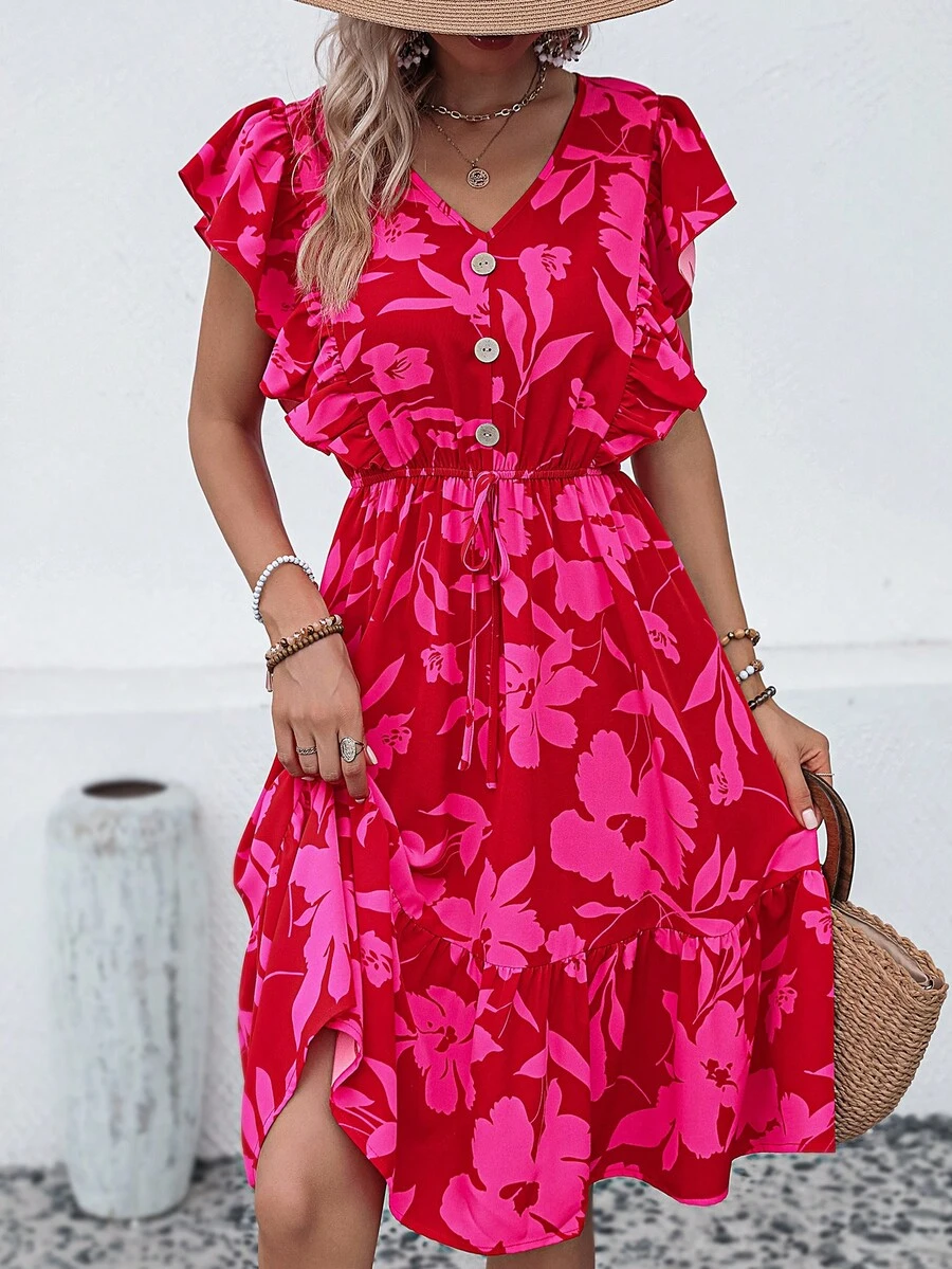 SHEIN LUNE Floral Print Butterfly Sleeve Ruffle Hem Dress - Hot Pink - View 1