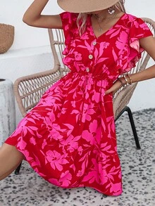 SHEIN LUNE Floral Print Butterfly Sleeve Ruffle Hem Dress - Hot Pink - View 6
