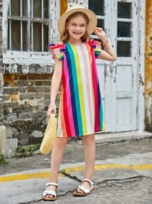 SHEIN 少女针织条纹宽松休闲荷叶袖A字连衣裙，圆领 - 彩色 - 查看 1