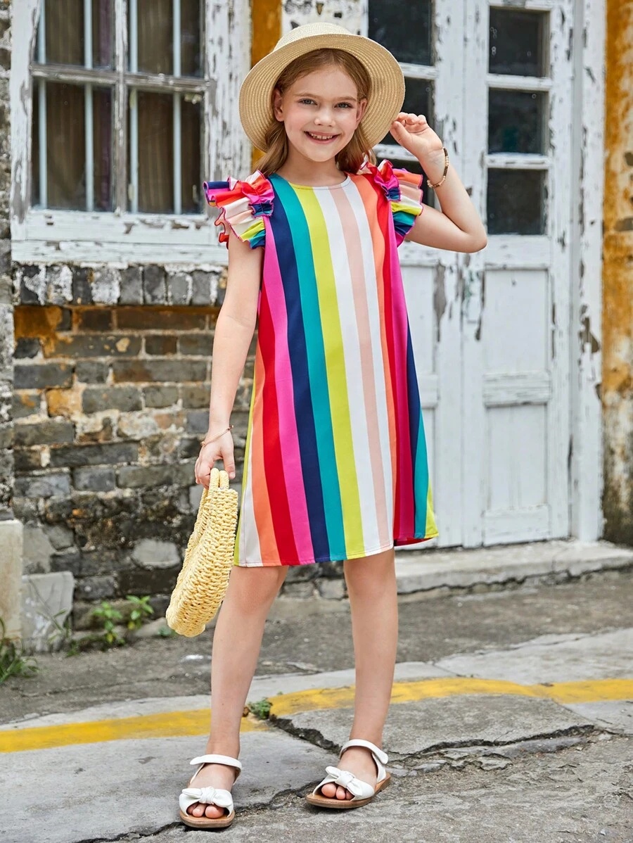 SHEIN 少女针织条纹宽松休闲荷叶袖A字连衣裙，圆领 - 彩色 - 查看 1