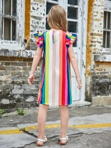 SHEIN 少女针织条纹宽松休闲荷叶袖A字连衣裙，圆领 - 彩色 - 查看 2