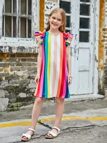 SHEIN 少女针织条纹宽松休闲荷叶袖A字连衣裙，圆领 - 彩色 - 查看 4