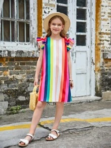 SHEIN 少女针织条纹宽松休闲荷叶袖A字连衣裙，圆领 - 彩色 - 查看 5