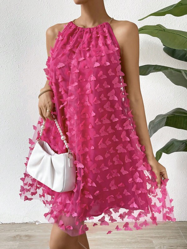 SHEIN Privé Butterfly Appliques Keyhole Back Halter Neckline Dress