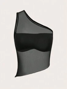 SHEIN ICON One Shoulder Mesh Top - Black - View 1