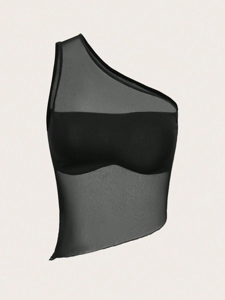 SHEIN ICON One Shoulder Mesh Top - Black - View 1