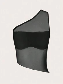 SHEIN ICON One Shoulder Mesh Top - Black - View 3