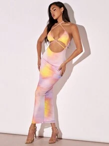 SHEIN BAE 紮染鏤空十字交叉後背繫帶掛脖連衣裙