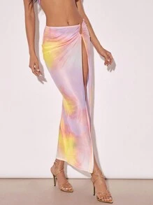 SHEIN BAE 紮染環鏈高衩半身裙 - 彩色 - 查看 3