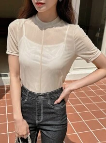 DAZY Áo nữ cắt màu trơn Giải trí - Màu be - Xem 4