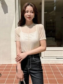 DAZY Áo nữ cắt màu trơn Giải trí - Màu be - Xem 5