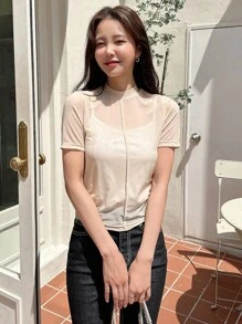 DAZY Áo nữ cắt màu trơn Giải trí - Màu be - Xem 7